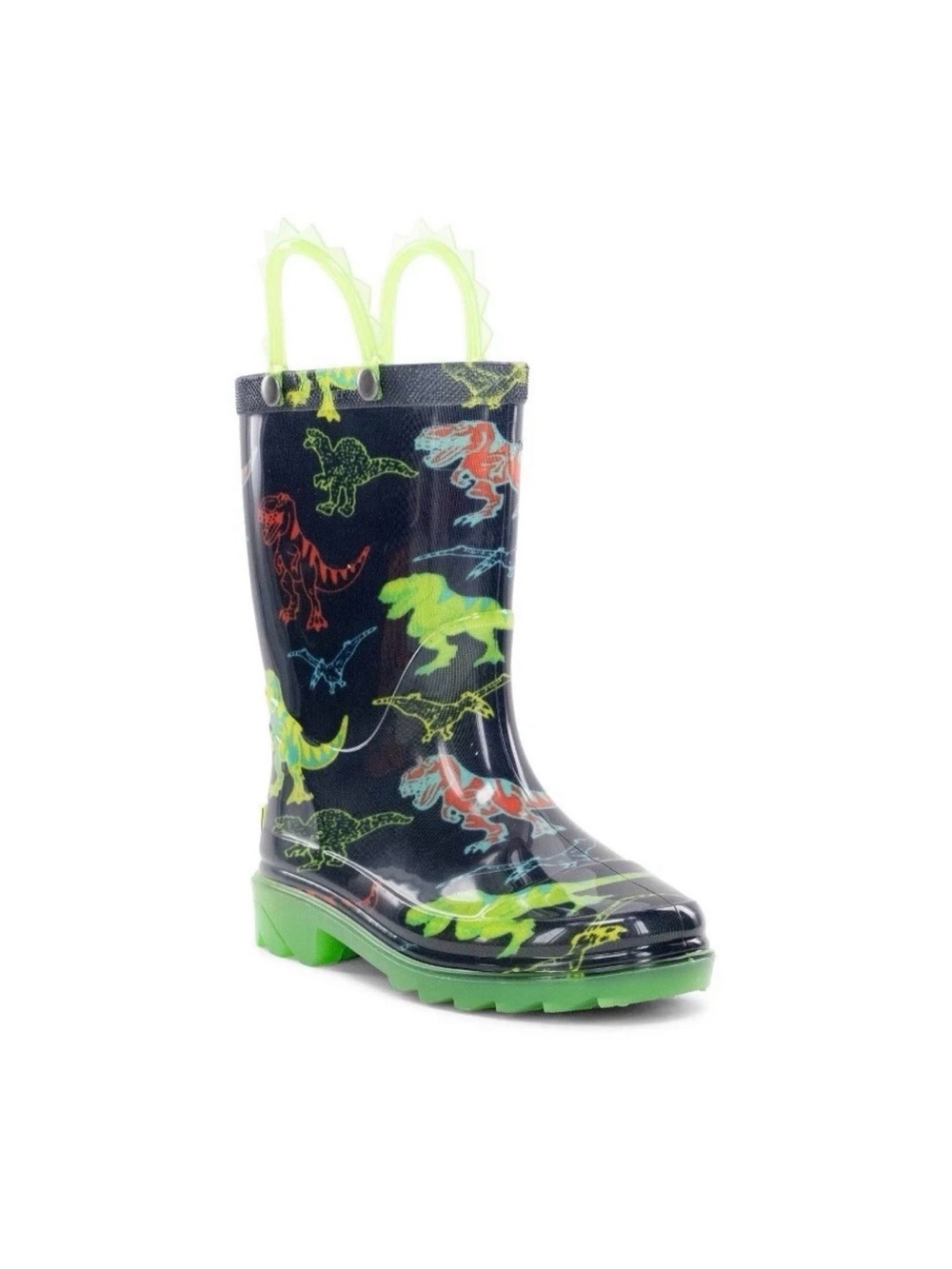 Western Chief Kids Navy Dino Rain Boots with Neon Green Handles